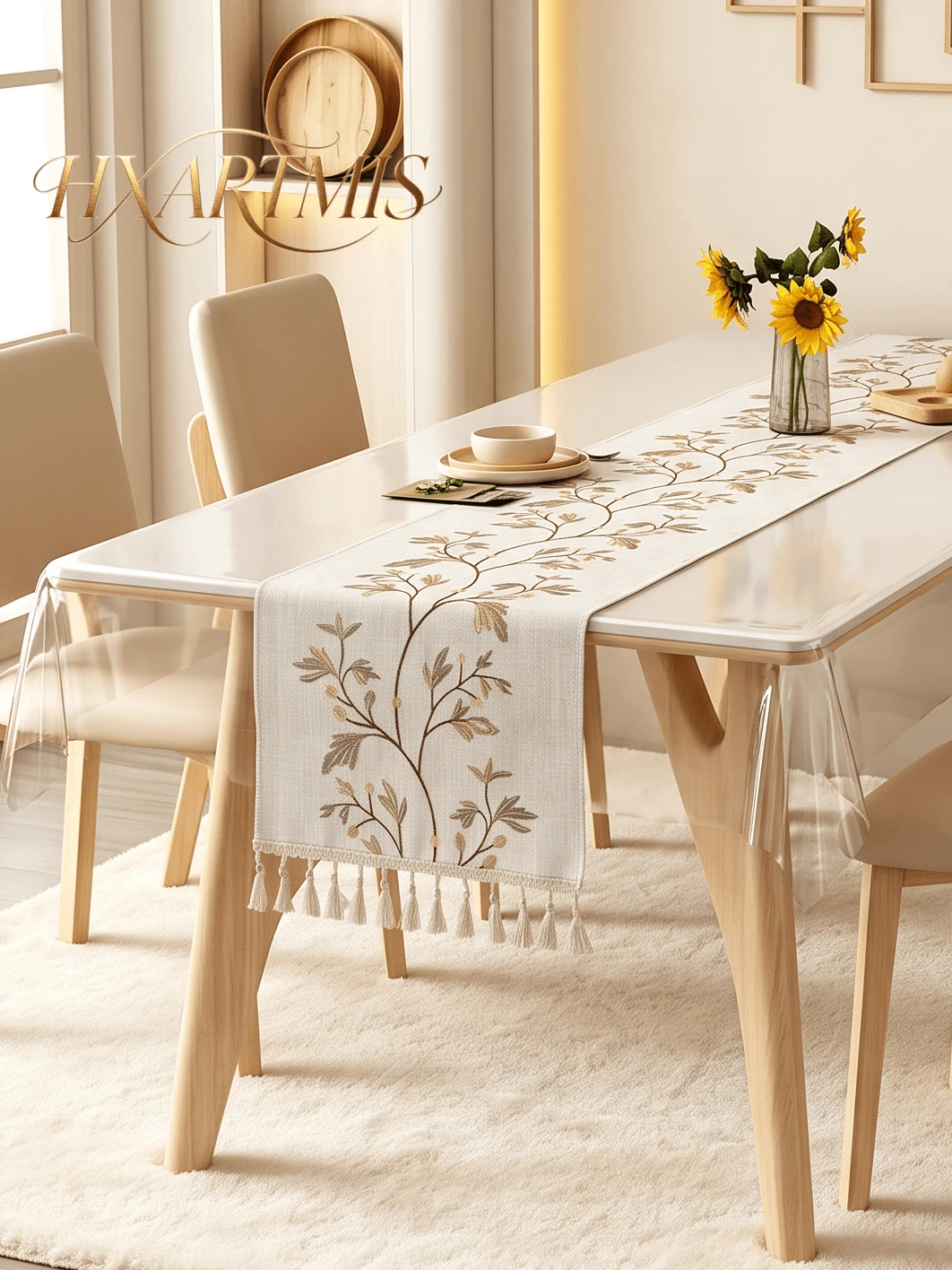 HXARTMIS 1pc Tassel Embroidered Floral Faux Linen Table Runner, Pastoral Green Leaf And Vine Pattern, Washable Long Tablecloth, Suitable For Dining Room, Coffee Table, Wedding, Party And Home Decor - White/Coffee - View 1