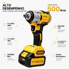 Chave de Impacto Sem Fio MTG 88V Motor Sem Escovas, Torque Máximo 500N.m, 2 Velocidades Ajustáveis, 2 Baterias Li-ion 1300mAh com Visor de Carga, Encaixe 1/2", Maleta Inclusa para Mecânica e Montagem - Amarelo - Visão 4