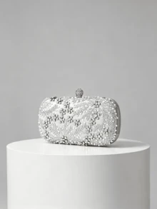 1pc Silver Beaded Evening Clutch, Silver White Pearl Rhinestone Woven Pattern, Spherical Full Rhinestone Lock, Hard Shell Box Body, With Detachable Chain, Evening Party Wedding Dress Matching Clutch - Silver - View 2