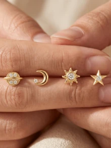 4pcs/Set Star & Moon 925 Sterling Silver Hypoallergenic Women's Stud Earrings, Sweet Style, Suitable For Wedding Bride Jewelry - Silver - View 9
