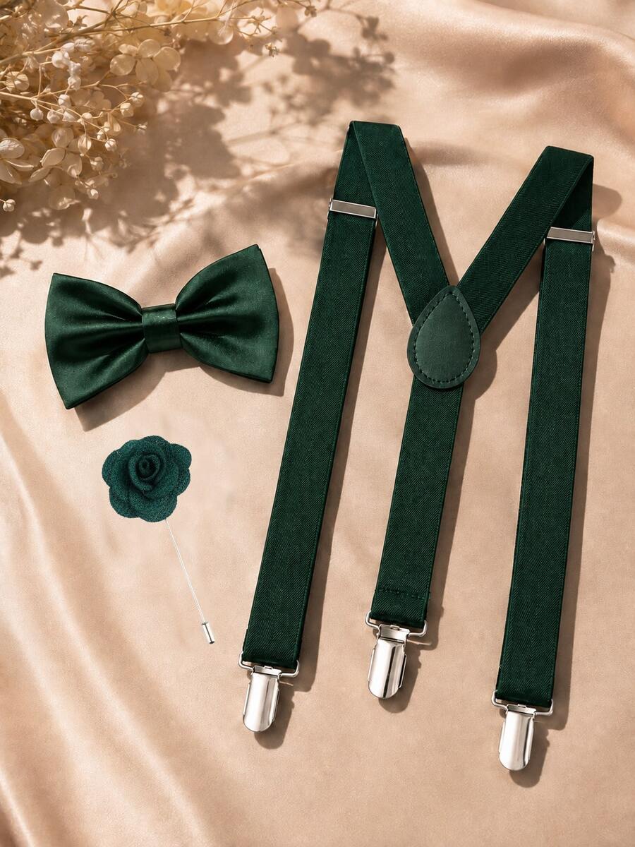 1SET(3PCS) Solid Color Suspenders With Bow Tie And Brooch Combination Set, Adjustable Back Strap Bow Tie Brooch Set - Dark Green - View 1