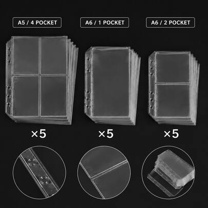 5pcs A5/A6 Size PVC Loose Leaf Binder Pockets, 6-Hole Index Page Sleeves, Suitable For Idol Cards, Desktop Storage, Stationery