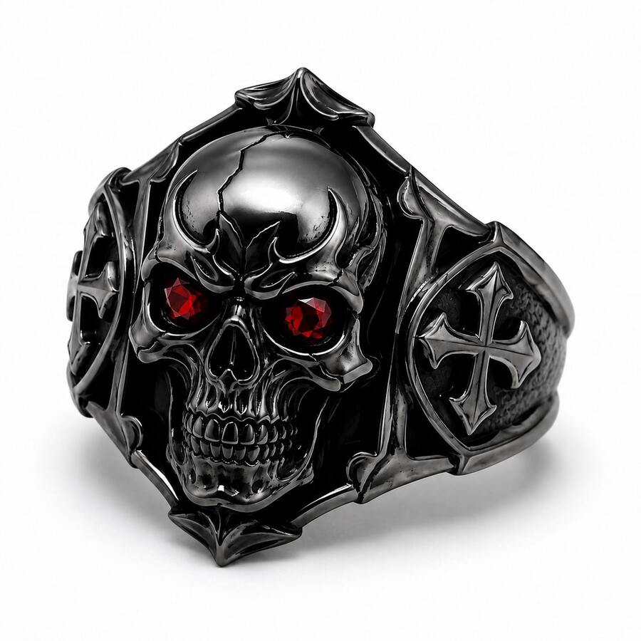 1pc Skull Cross Ring, Unisex Gothic Style Red Eye Skull Ring, Vintage Cross Pattern, Halloween Cosplay Streetwear Party Accessory Gift - Gun Black - View 1