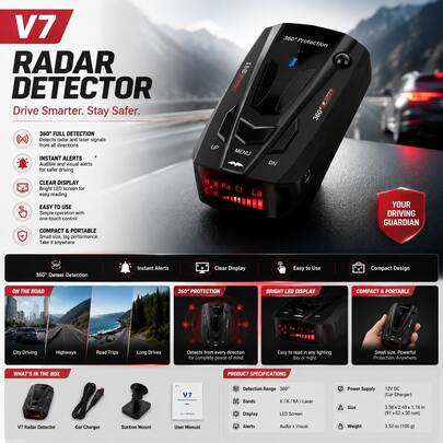 Receptor de señal de coche de 360 grados de rango completo, detector de advertencia de vehículo multibanda con pantalla digital LED, filtro de ruido inteligente, accesorio de coche compacto para tablero de instrumentos para autopista y conducción diaria