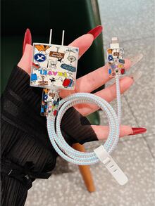 Pelindung Kabel Charger dengan Motif Kartun Lucu dan Indah, Pesawat Terbang, Huruf, dan Huruf, + Tali Pelindung Kabel Data 1.4M, Kompatibel dengan Charger Apple 20W, Casing Pelindung Charger Apple Minimalis, Cocok untuk Ponsel 20W 15/16 Pro Max, Anti Gores, Anti Gigit, Cocok untuk 13/14 Plus/17/16PROMAX, Hadiah untuk Pacar - MultiWarna - View 3