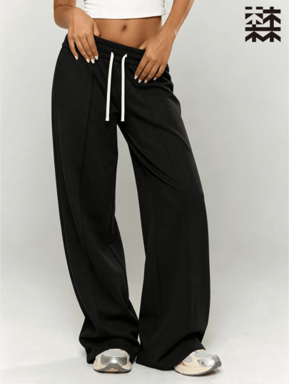mulinsen Schwarze lockere lässige Sporthose für Damen, elastischer Bund mit kontrastfarbigem Kordelzug, 3D-Mittellinie, schlankmachend, drapiert, Outdoor-Sport