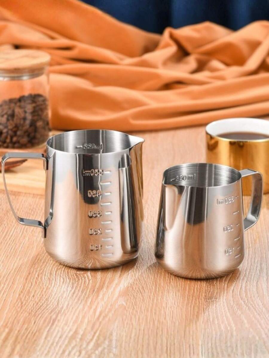 1pc Stainless Steel Espresso Pitcher With Measurement Markings - Barista-Grade Milk Frothing Pitcher For Latte Art, Cappuccinos , Durable Commercial-Grade Coffee Accessory For Home & Professional Use, Modern Coffee Accessory , Coffee Bar Accessories - Silver - View 1