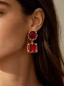 ZAA Antique Gold Two-Tier Gemstone Dangle Earrings, Vintage Medieval Earth Tone Statement Earrings For Fall Party - Geometric Resin Earrings - View 8