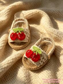 1 Pair Handmade Crochet Infant Sandals With Cherry Applique, White And Tan, Infant Summer Shoes - Beige - View 7