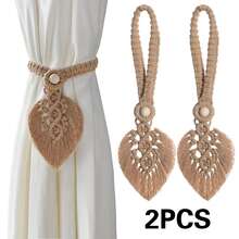 2pcs/Set Handmade Woven Cotton Rope Bohemian Style Leaf Pattern Tassel Curtain Tiebacks With Adjustable Vintage Wooden Bead Decor, Fashionable Curtain Tiebacks For Bedroom, Living Room, Kitchen And Vacation Home - Multicolor - View 10
