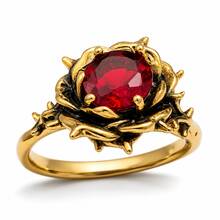 1pc Gothic Style Rose Ring 5A Cubic Zirconia Gold Red Stone Personalized Ring Unisex Vintage Floral Ring Party Anniversary Gift - Gold - View 2