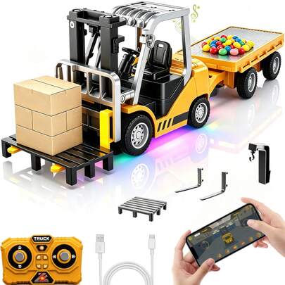 Carretilla Elevadora Juguete Recargable Control Remoto Y App Con Luces Y Sonidos Con Gancho Y Remolque, Vehículos