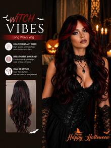 Black With Burgundy Front Highlights Wavy Synthetic Wig, Gothic Halloween Cosplay Heat Resistant Hair Wig For Women Daily Wear - Red Highlight - View 2