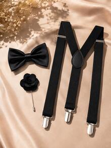 1SET(3PCS) Solid Color Suspenders With Bow Tie And Brooch Combination Set, Adjustable Back Strap Bow Tie Brooch Set - Black - View 1
