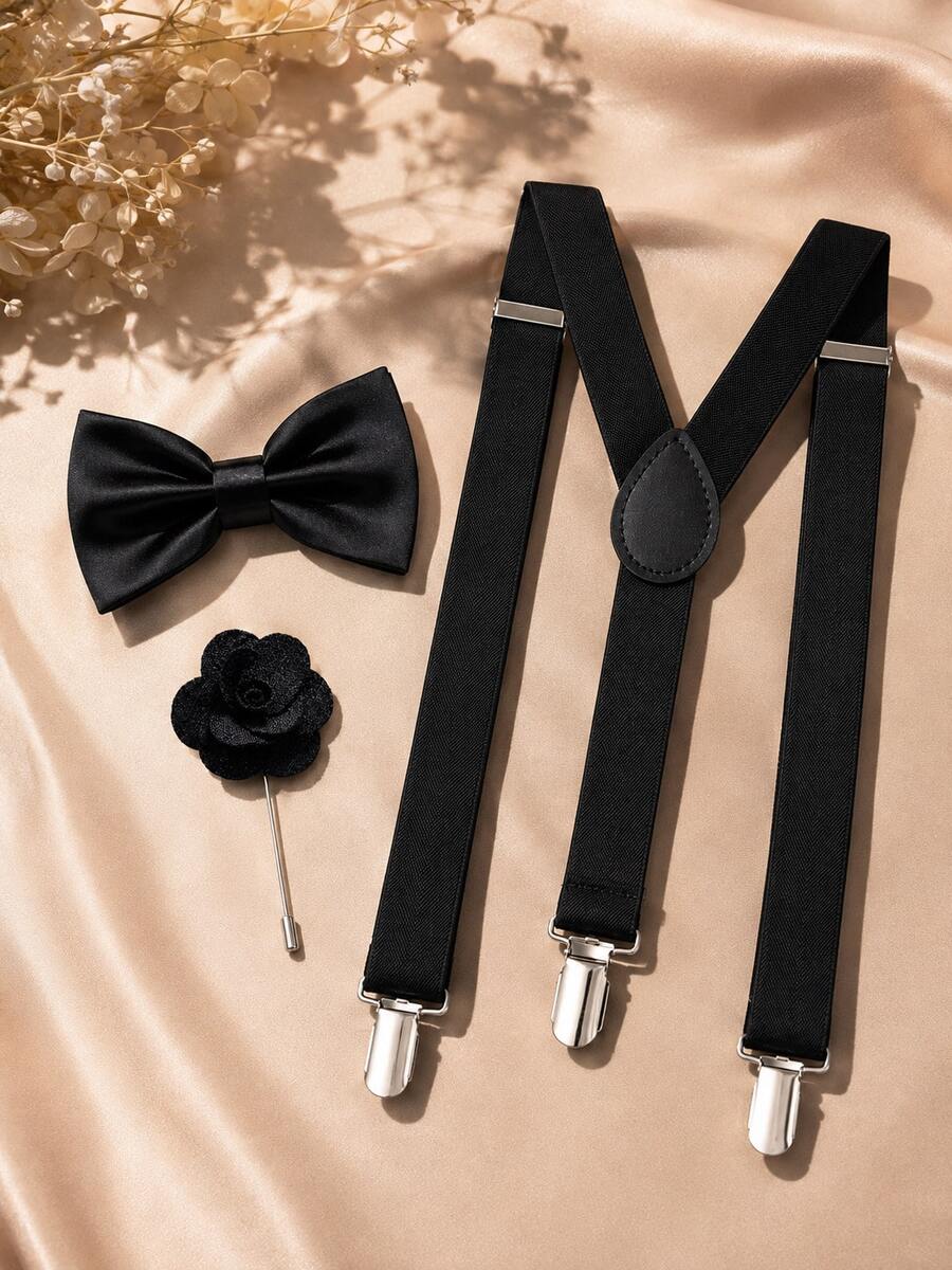 1SET(3PCS) Solid Color Suspenders With Bow Tie And Brooch Combination Set, Adjustable Back Strap Bow Tie Brooch Set - Black - View 1