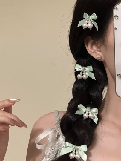 4pcs New Sweet And Girly Rhinestone Pearl Bow Hairpin Mini Versatile Side Clip Hairpin