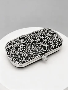 1pc Black Heavy Beaded Evening Clutch Bag, Silver White Pearl Rhinestone Woven Pattern, Spherical Full Rhinestone Lock, Hard Shell Box Shape, Detachable Chain, Party Wedding Evening Dress Matching Clutch - Black - View 6