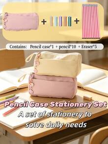 Cream Style Double-Layer Pencil Case Stationery Set, Includes Large Capacity Pencil Case, 10 Pencils And 5 Colored Erasers, Complete Set Of Daily Writing Supplies. Simple And Soft Macaron Color Scheme, Cute And Healing, Popular Among Students. The Pencil Case Features A Double-Layer Partition Design, Large Opening With Expanded Space, Smooth Zipper Opening And Closing, Paired With Cute Cartoon Pendant, Outstanding Appearance. - Sets - View 1
