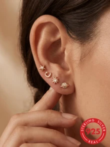 4pcs/Set Star & Moon 925 Sterling Silver Hypoallergenic Women's Stud Earrings, Sweet Style, Suitable For Wedding Bride Jewelry - Silver - View 4