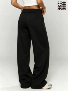 mulinsen Black Loose Casual Sports Pants For Women, Elastic Waist Contrast Color Drawstring 3D Center Line Slimming Draped Sweatpants, Outdoor Sports - Black - View 4