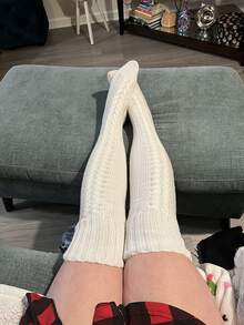 女款大腿高筒襪 過膝長襪 冬季保暖舒適 - 白色 - 查看 3