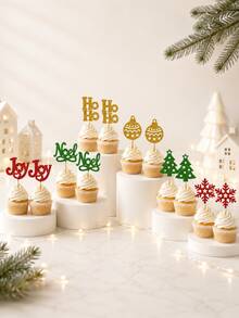 24PCS Gold Glitter Xmas Cake Toppers, Christmas Cupcake Picks In 6 Festive Designs, Holiday Party Dessert & Baking Decorations - Style a - View 7