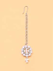 outingfit 1pc Vintage Bridal Forehead Chain, Pearl Hair Chain Wedding Jewelry - Silver - View 6