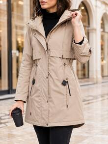 Women's Camel Hooded Utility Parka, Drawstring Waist, Zip & Snap Closure, Pockets, Mid-Length Spring Autumn Coat - Camel - View 1