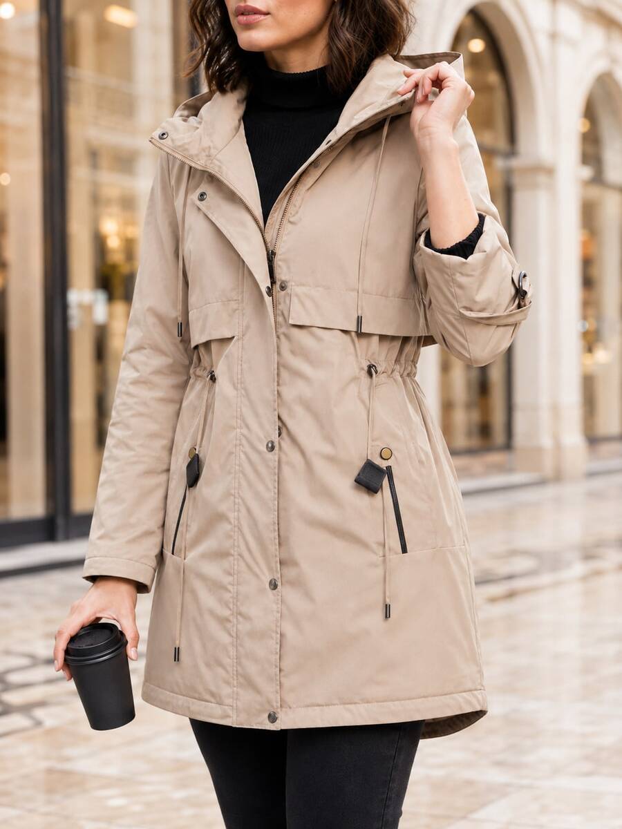 Women's Camel Hooded Utility Parka, Drawstring Waist, Zip & Snap Closure, Pockets, Mid-Length Spring Autumn Coat - Camel - View 1
