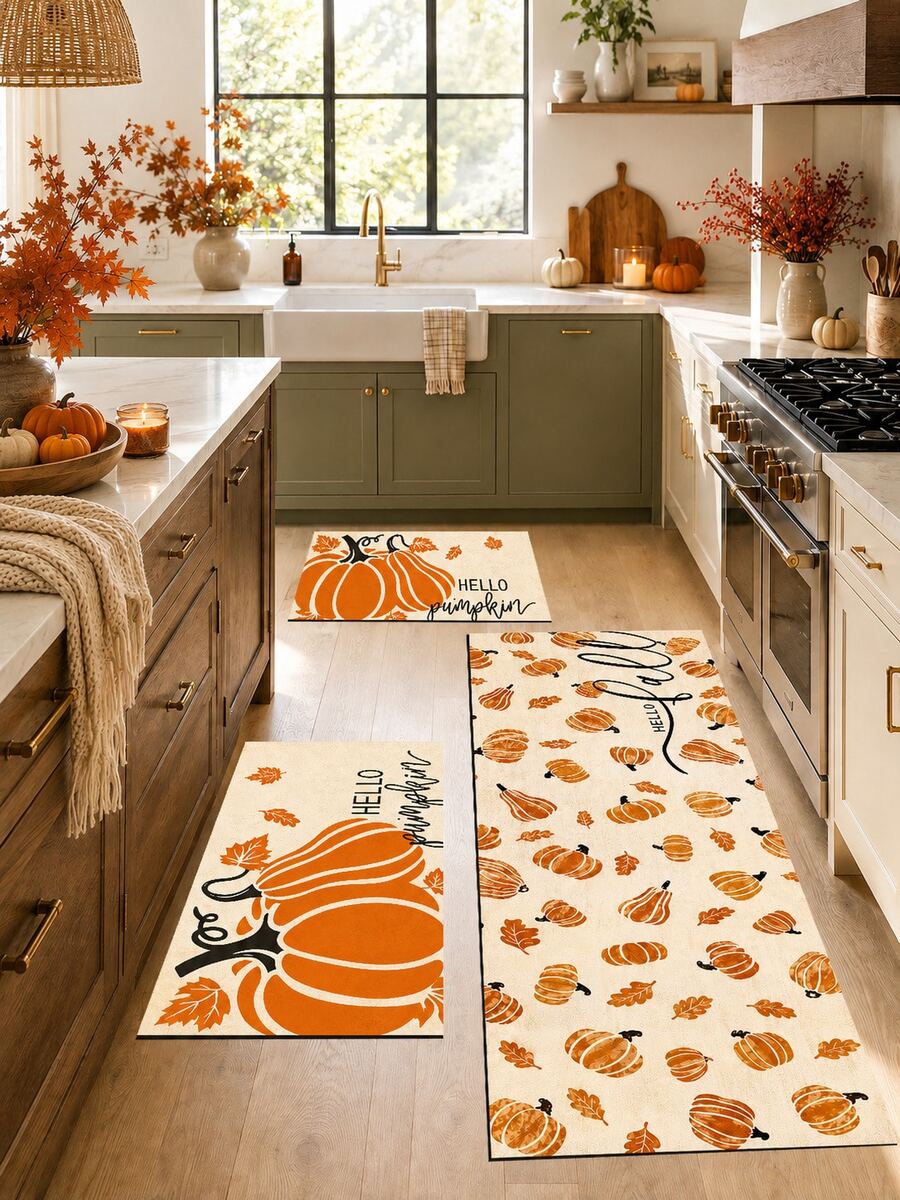 1pc Pumpkin Pattern Kitchen Mat, Fun Holiday Style, Suitable For Autumn Party, Bathroom, Room, Kitchen, Sink Area And Home Holiday Decor, Foot Mat, Pet Mat - Multicolor - View 1