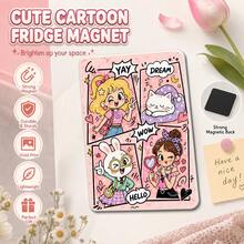 Fun Pop Art Refrigerator Magnet, Kawaii Y2K Girl With Cat & Rabbit, Colorful Comic Frame Design, Aesthetic Dorm Kitchen Decor, Cute Gift For Teens & Girls - 1PC - View 1