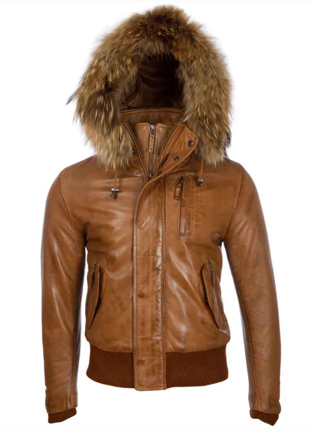AVIATRIX Men's Genuine Leather Bomber Jacket With Hood In Tan Colour (QS6C) - Brown - View 1
