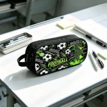 霓虹遊戲控制器印花鉛筆袋 大容量拉鍊文具收納袋 男孩電競主題筆袋 適合學校與辦公用品收納 - 綠色足球條紋筆袋 - 查看 5