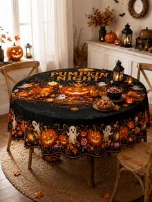 Black And Orange Pumpkin-Themed Halloween Tablecloth – Rectangular Table Cover Featuring Jack-O'-Lanterns, Ghosts, And Autumn Leaves – Ideal For Dining Table Decor, Halloween Parties, Fall Harvest Themes, And Home Kitchen Styling - Multicolor - View 1