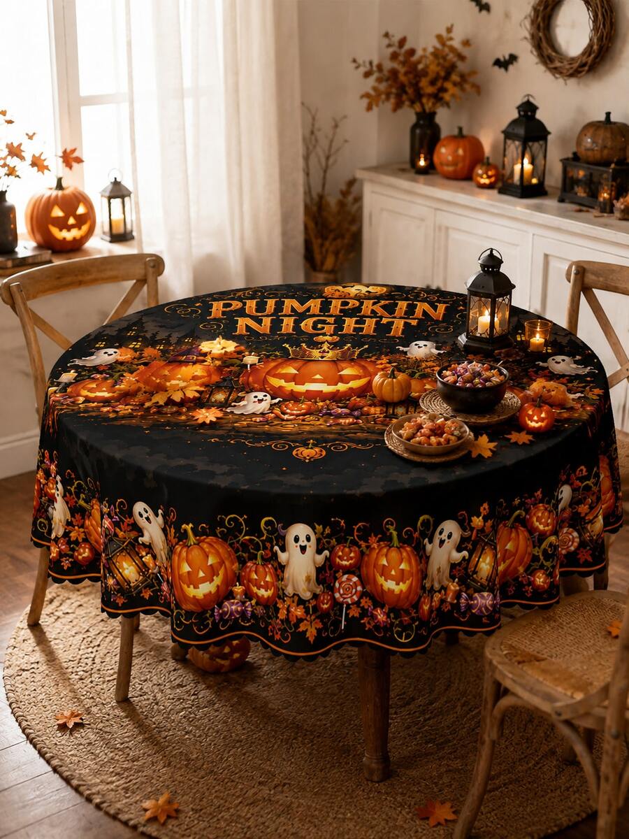 Black And Orange Pumpkin-Themed Halloween Tablecloth – Rectangular Table Cover Featuring Jack-O'-Lanterns, Ghosts, And Autumn Leaves – Ideal For Dining Table Decor, Halloween Parties, Fall Harvest Themes, And Home Kitchen Styling - Multicolor - View 1