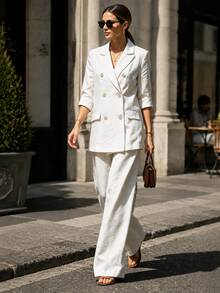 Women's Spring/Autumn Casual Elegant Commute Double-Breasted Lapel Faux Pocket Solid Color 3/4 Sleeve Blazer & Wide Leg Pants 2-Piece Set - White - View 3