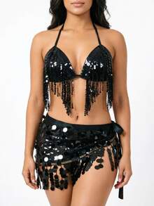 Sequin Fringe Halter Dance Top Wrap Tie Hip Skirt Belly Dance Stage Performance Outfit Multi‑Color Available - Multicolor - View 7