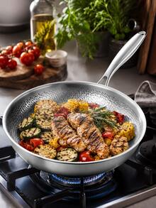 1 buah Wajan Stainless Steel Bertekstur, Gagang Panjang Warna Perak Elegan, Dasar Datar, Cocok untuk Menggoreng Steak, Telur, Memasak Makanan Laut, Ayam dan Sayuran, Panci Multifungsi, Peralatan Masak Dapur Modern, Cocok untuk Makanan Sehari-hari dan Makan Keluarga, Panci Masak - View 4