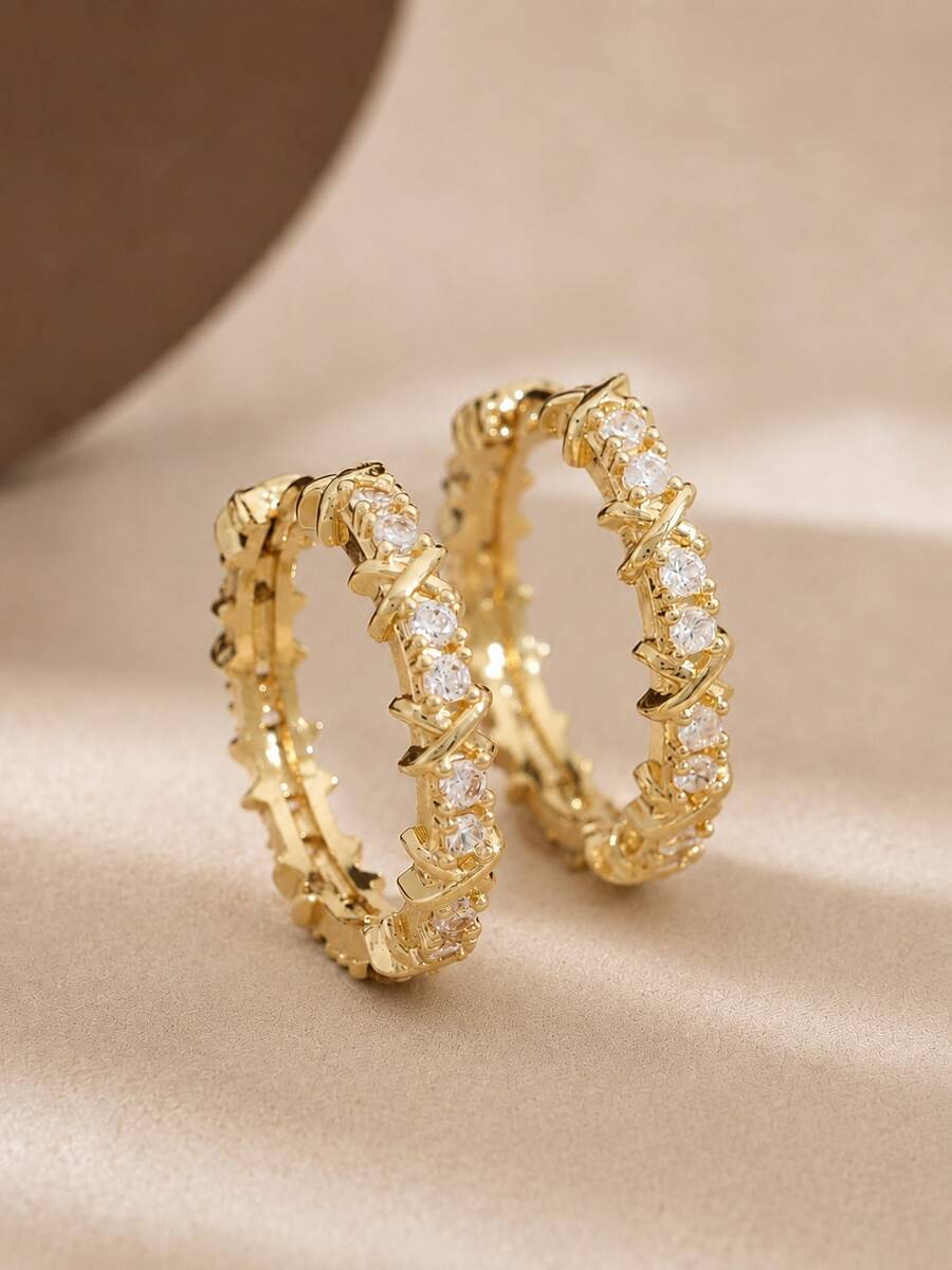CHICAT Gold-Tone Synthetic Zirconia Knot Twisted Hoop Earrings For Women, Crystal X-Wrap Hinged Round Earrings, Vintage Glam Punk Statement Jewelry - Gold - View 1