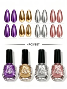 LZEZ 4Pcs/Set Water‑Based Nail Polish, 8ml Per Bottle, Multi‑Color Shimmer Solid Color Combination Nail Art Varnish, DIY Home Manicure Kit For Women Multi‑Style - Multicolor - View 12