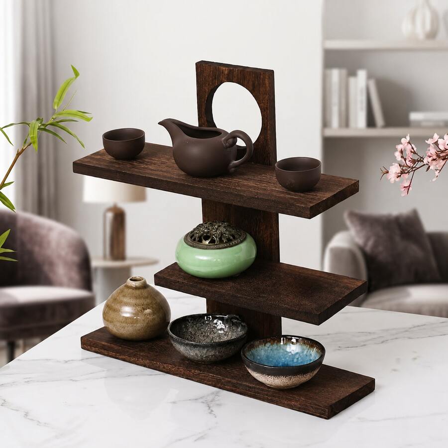 Rak Penyimpanan Set Teh Kayu Cokelat Tua, Cocok untuk Meja Dapur dan Ruang Makan, Rak Pajangan Cangkir Teh Bertingkat, Rak Penyimpanan Teko, Pengatur Stasiun Teh Meja, Rak Penyimpanan Aksesoris Set Teh Rumah - Chocolate Brown - View 1