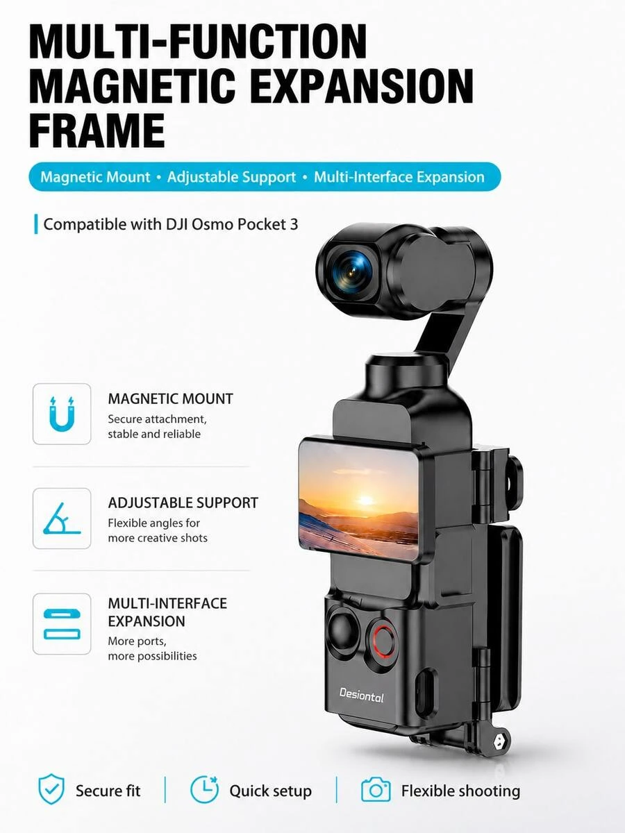 Multi-Function Magnetic Expansion Frame For Osmo Pocket 3, Foldable Camera Mount With 1/4" Screw Interface, Cold Shoe Mount, Action Camera Mount And Adjustable Magnetic Base, Compatible With Selfie Stick, Microphone, LED Light, Suitable For Tripod, Desktop, Vlog And Travel Shooting - View 1