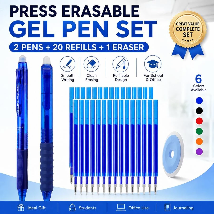 Retractable Erasable Gel Pen Set, 2 Pens + 20 Replacement Refills + 1 Eraser, 0.5mm Fine Point Refillable Erasable Pens, Smooth Writing Click Pens For Students, School, Office, Notes, Homework & Journaling