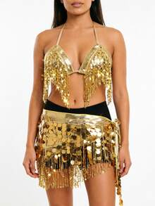 Sequin Fringe Halter Triangle Dance Top Tie Wrap Pailette Sequin Hip Scarf Belly Dance Stage Rave Party Outfit Multi-Color Available - Multicolor - View 7