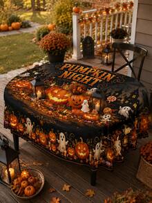 Black And Orange Pumpkin-Themed Halloween Tablecloth – Rectangular Table Cover Featuring Jack-O'-Lanterns, Ghosts, And Autumn Leaves – Ideal For Dining Table Decor, Halloween Parties, Fall Harvest Themes, And Home Kitchen Styling - Multicolor - View 15