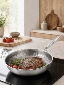 1 buah Wajan Stainless Steel Bertekstur, Gagang Panjang Warna Perak Elegan, Dasar Datar, Cocok untuk Menggoreng Steak, Telur, Memasak Makanan Laut, Ayam dan Sayuran, Panci Multifungsi, Peralatan Masak Dapur Modern, Cocok untuk Makanan Sehari-hari dan Makan Keluarga, Panci Masak - View 2