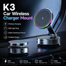 1pc 15W Magnetic Wireless Car Charger Mount, 720° Rotating Foldable Phone Holder With RGB Light, Telescopic Dual-Axis Adjustable Arm, Vacuum Suction Cup Dashboard Installation, Compatible With IPhone MagSafe And Android Phones - Wireless Charging Phone Stand - View 2