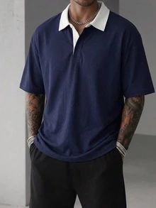 Men's Contrast Collar Short Sleeve Polo Shirt, Loose Button Front Design, Suitable For Casual, Business And Daily Wear - Navy Blue - View 2