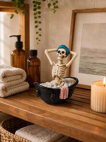 1pc Funny Skeleton Bathtub Figurine, Quirky Gothic Bathroom Decor, Skeleton Bathing Desktop Ornament, Unique Home Countertop Decoration, Novelty Gift For Friends And Skeleton Enthusiasts - A - View 3