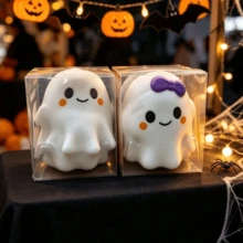 1pc Crazy Fun Ghost Squishy Toy, White & Purple Bowknot Set, Halloween Theme Stress Relief Squeeze Toy, Holiday Desktop Decor Ornament, Party Atmosphere Creative Small Gift - Multicolor - View 8
